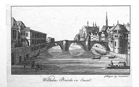 Ansicht der Wilhelmsbrücke in Kassel, 1. Hälfte 19. Jahrhundert
