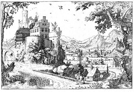 Ansicht einer idealen Landschaft mit Burg, Stadt und bäuerlichen Behausungen, 1605