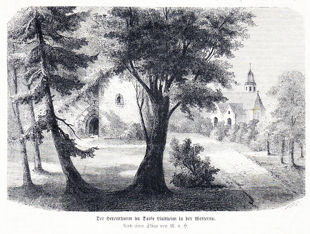 Ansicht der Kirche und des Hexenturms von Lindheim., 1874