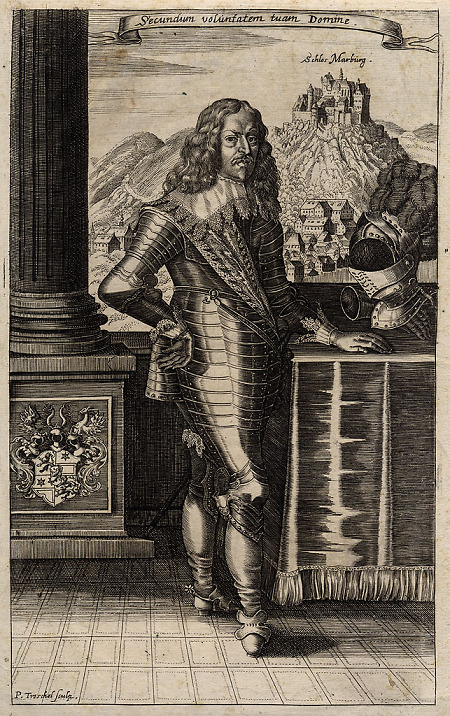 Widmungsportrait Georgs II. von Hessen mit Stadtansicht im Hintergrund, 1645
