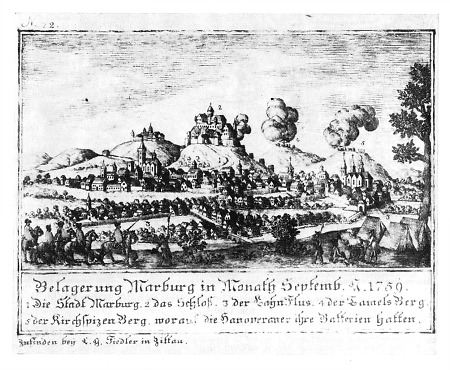Ansicht von Marburg während Belagerung im Jahr 1759, um 1760