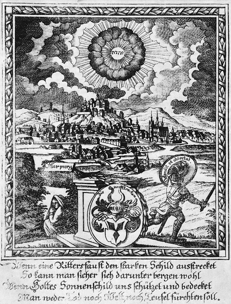 Ansicht von Marburg mit heraldisch-allegorischer Vordergrundstaffage, 1803