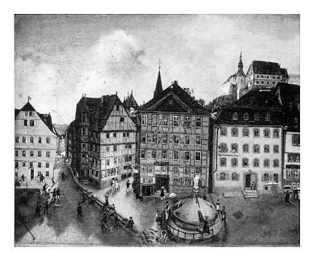 Ansicht des Marktplatzes mit Brunnen und Blick in die Barfüßerstraße, um 1820