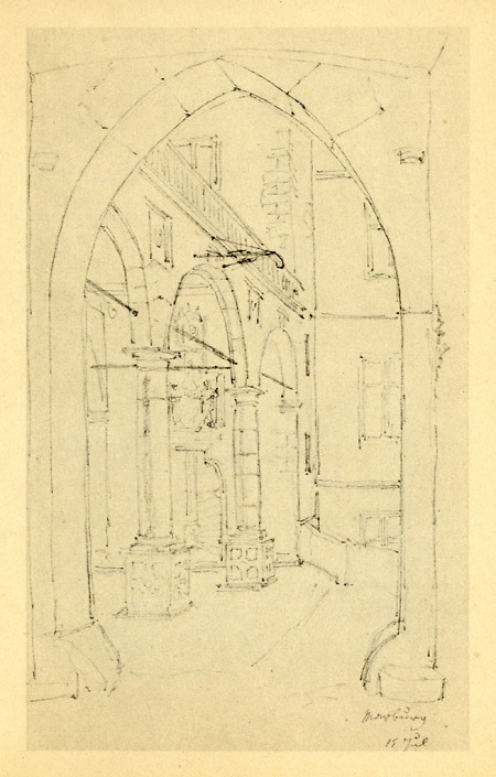 Ansicht des alten Bogengangs zwischen dem Schloss und dem Stockhaus (Wilhelmsbau), 1826/27