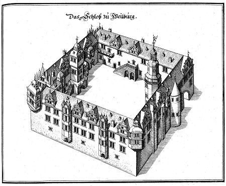 Weilburger Schloss aus der Vogelperspektive, 1646