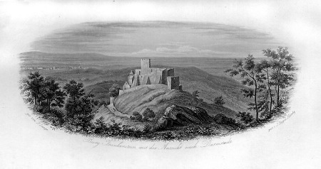 Ansicht der Burg Frankenstein nahe Mühltal mit Aussicht nach Darmstadt, 1849