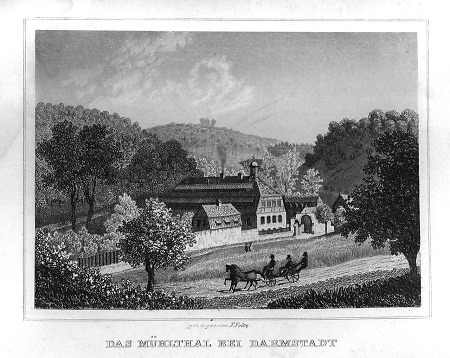 Ansicht der alten Papiermühle im Mühltal vor ihrem Brand 1846, 1849