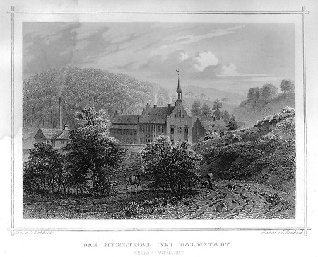 Ansicht der nach dem Brand von 1846 neu errichteten Papiermühle im Mühltal, 1849