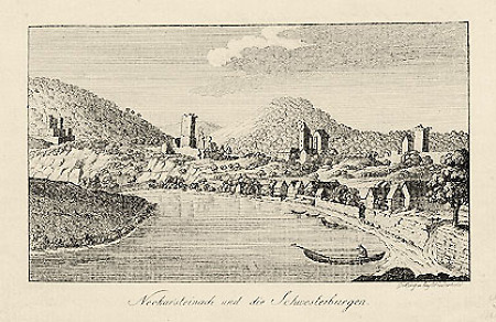 Ansicht von Neckarsteinach mit Schwesternburgen, 1813