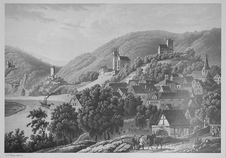 Ansicht der vier Burgen und der Stadt Neckarsteinach, um 1850