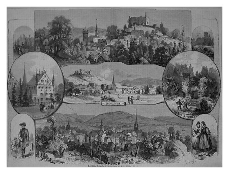Ansichtenblatt mit Stadtdarstellungen von Lindenfels, Reichelsheim und Erbach, 1865