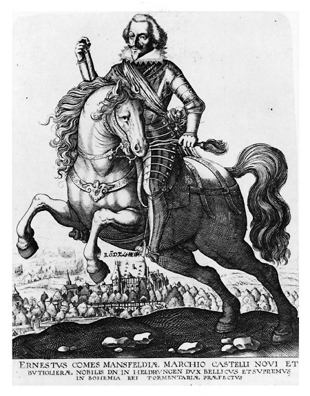 Ernst von Mansfeld zu Pferde mit Stadtansicht von Rödelheim im Hintergrund, um 1600