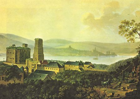 Ruinen der Brömserburg mit Blick auf Bingen, um 1820