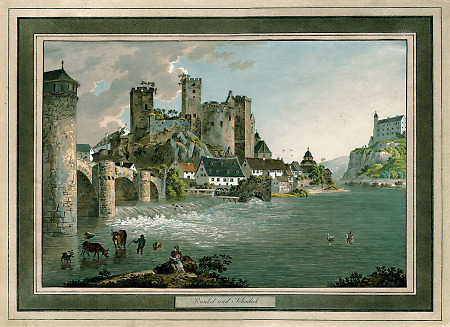 Ansicht von Runkel und Burg Schadeck, um 1815