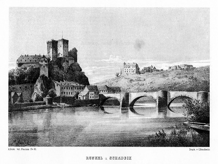 Ansicht von Stadt und Burg Runkel mit Burg Schadeck im Hintergrund, 1864