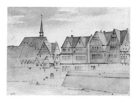 Teilansicht von Sachsenhausen mit alter Dreikönigskirche, 1859