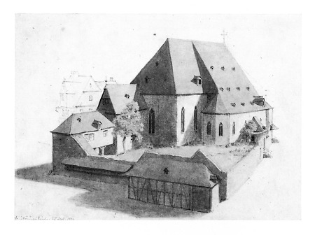 Ansicht der alten Dreikönigskirche aus leicht erhöhtem Standpunkt, 1874