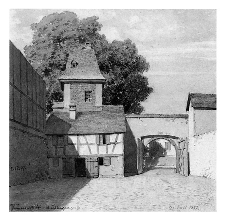 Ansicht des Hirtenturms in der Stadtmauer Sachsenhausens No. 4 mit Eingang zum Holzmagazin, 1877