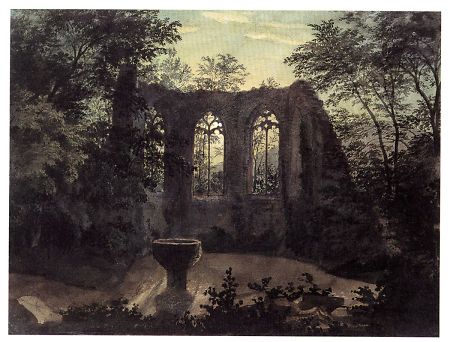 Ansicht der Ruine Heiligenberg bei Jugenheim in nächtlicher Beleuchtung, nach 1836
