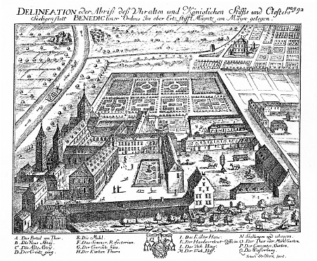 Ansicht der Klosteranlage in Seligenstadt mit Abteikirche und Konventsbau, Anfang 18. Jahrhundert