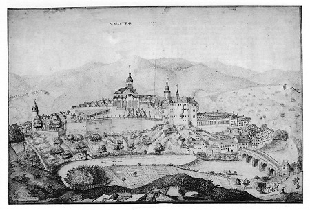 Westansicht von Stadt und Schloss Weilburg, 1778