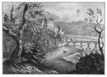 Ansicht von Weilburg mit dem Ballon Charles Greens, um 1840