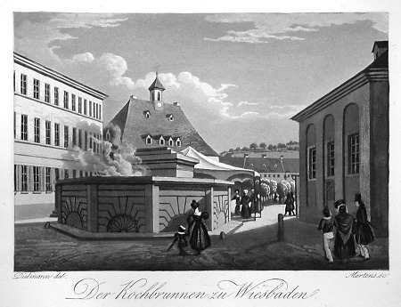 Blick auf den Wiesbadener Kochbrunnen, um 1830