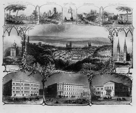 Sammelansicht mit zentralem Stadtpanorama, um 1865
