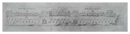 Gesamtansicht der Kur- und Badeanlage mit zwei Brunnentempeln, 1780