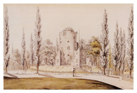 Südansicht der Burg auf der Braubachinsel im Parks Wilhelmshöhe, um 1820