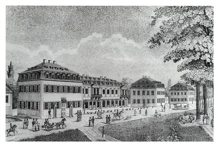 Ansicht von Arkadenbau und Pavillons, um 1840