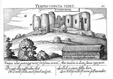 Ansicht auf eine der zwei Gudenburg-Ruinen, 1629