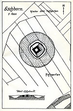 Grundriss und Lageskizze der Burg Eschborn, nach Karl Nahrgang, 1927 Grundriss und Lageskizze der Burg Eschborn, nach Karl Nahrgang, 1927