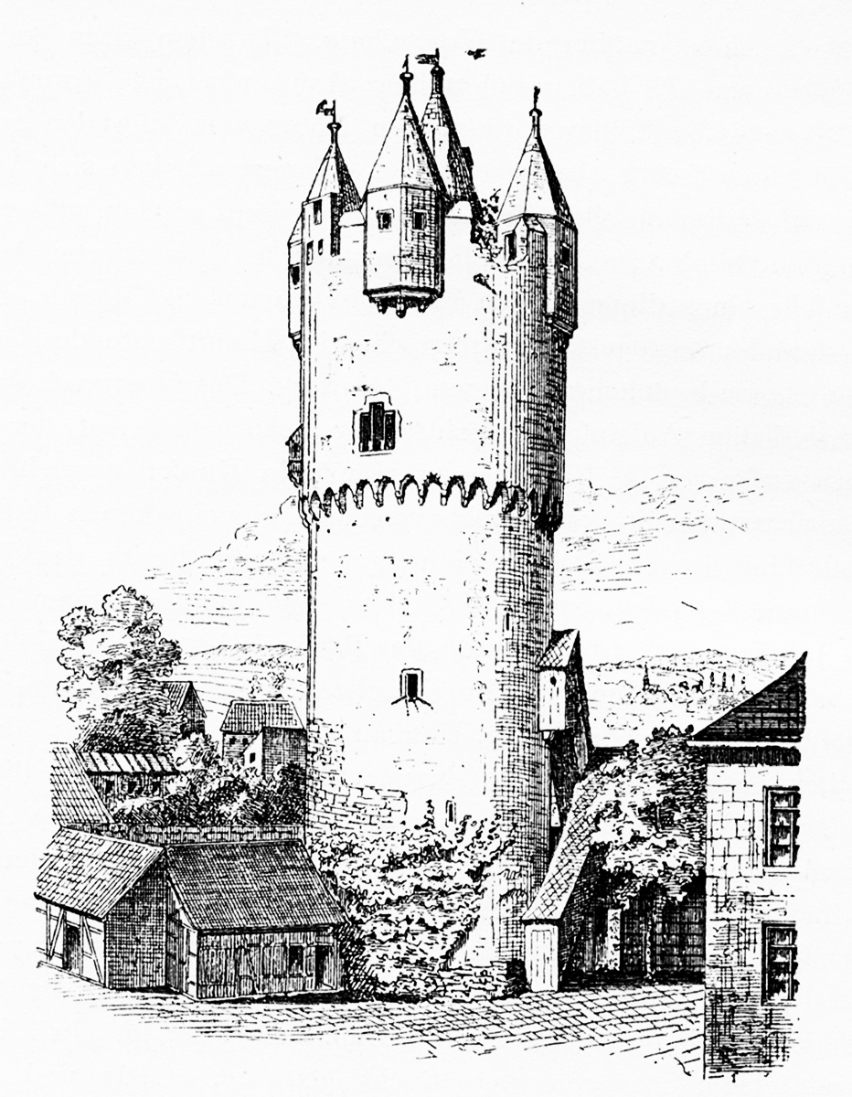 Der Bergfried des Schlosses Steinheim, Ansicht von 1885